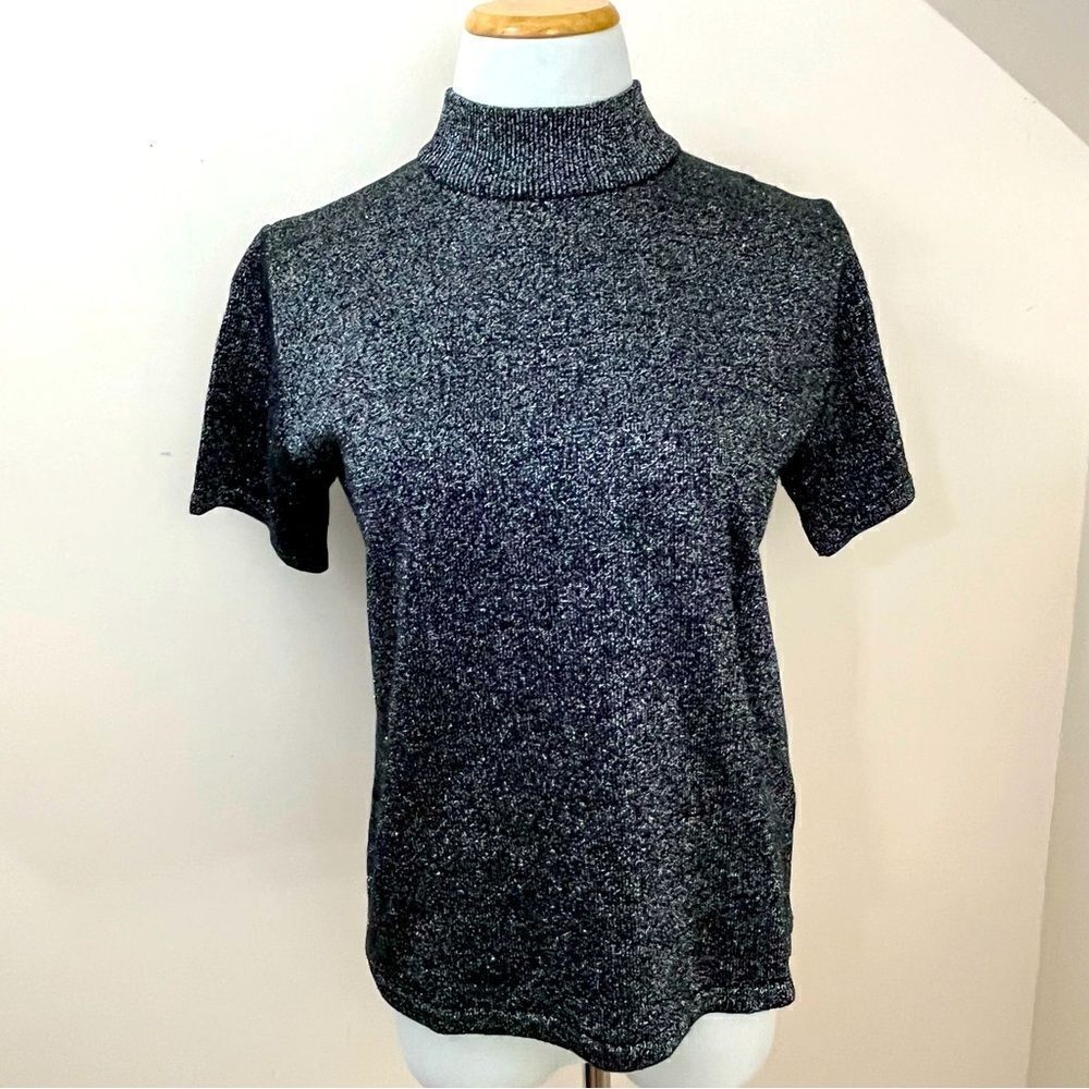 Joan Leslie Vintage Black Sparkly Mock Neck Top Short Sleeve S